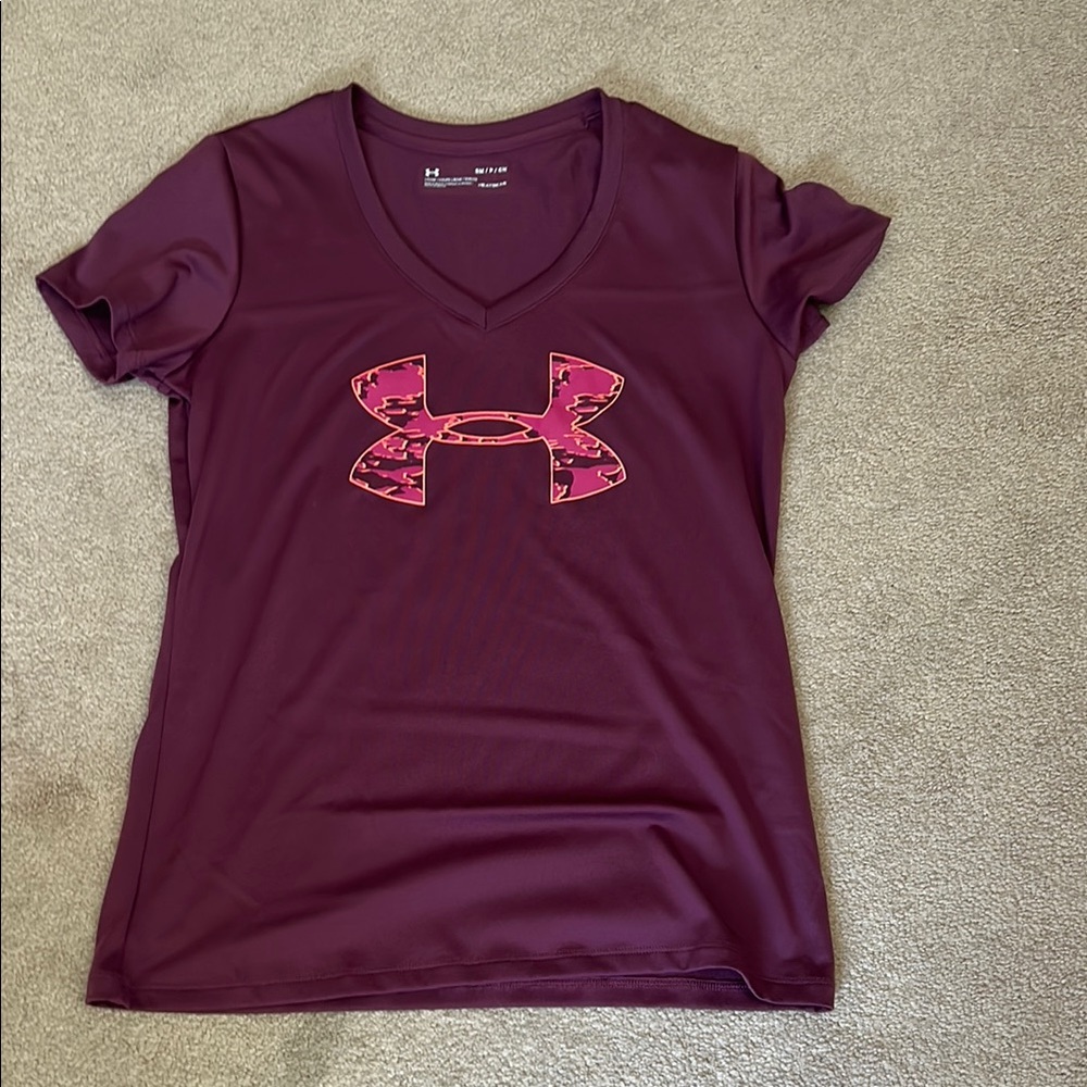 Under Armour Burgundy V-Neck Tee with Pink Camo Logo
